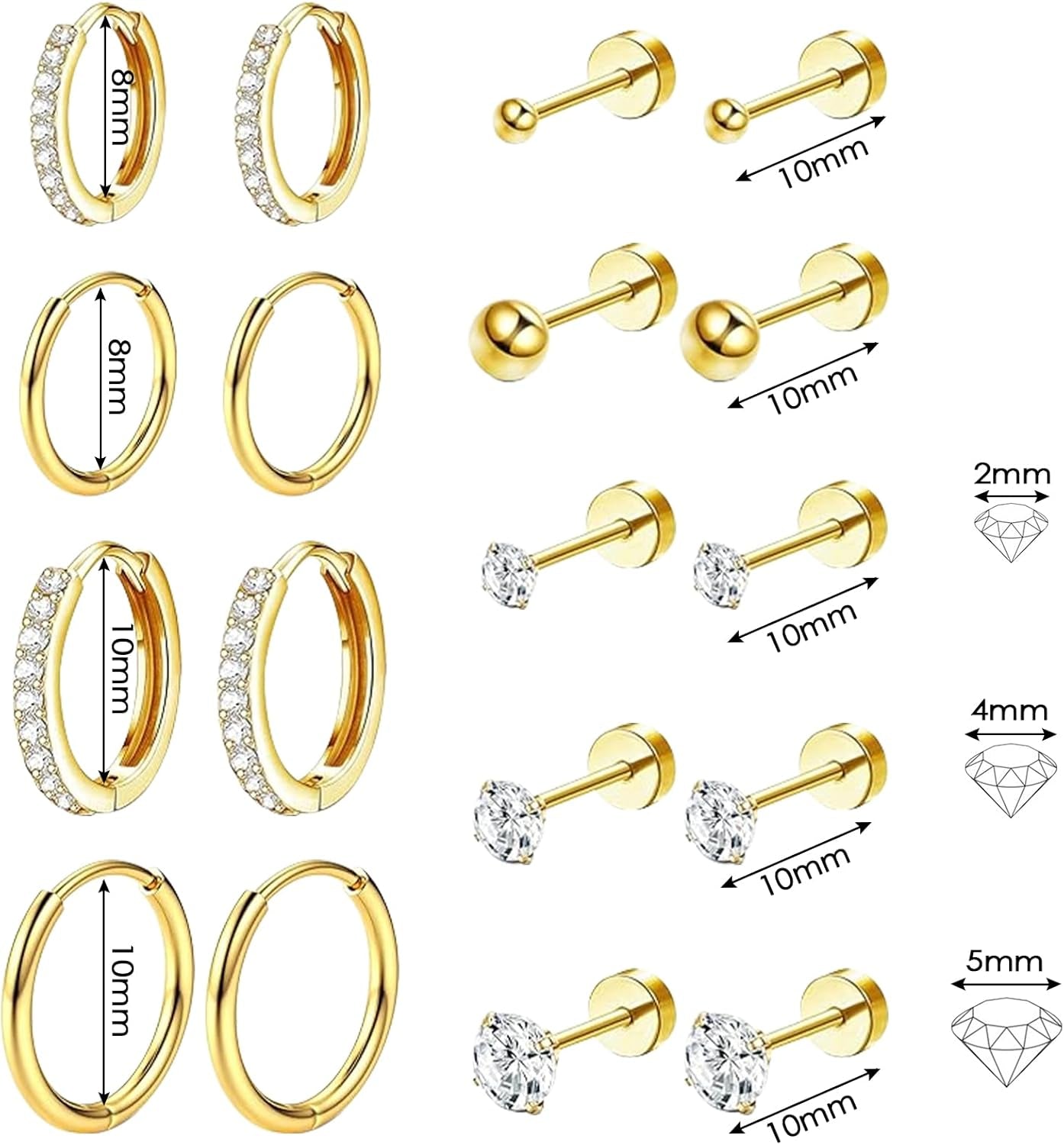 9 Paires Boucles D'Oreilles, Boucle D'Oreille Acier Inoxydable, Piercing Oreille Cartilage, Boucles D'Oreilles Femme Or, Piercing Multiple, Pour Bijoux Acier Inoxydable Femme