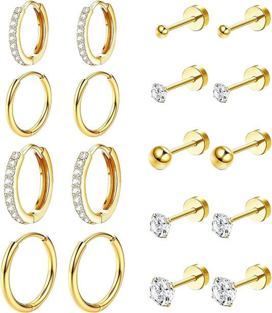 9 Paires Boucles D'Oreilles, Boucle D'Oreille Acier Inoxydable, Piercing Oreille Cartilage, Boucles D'Oreilles Femme Or, Piercing Multiple, Pour Bijoux Acier Inoxydable Femme